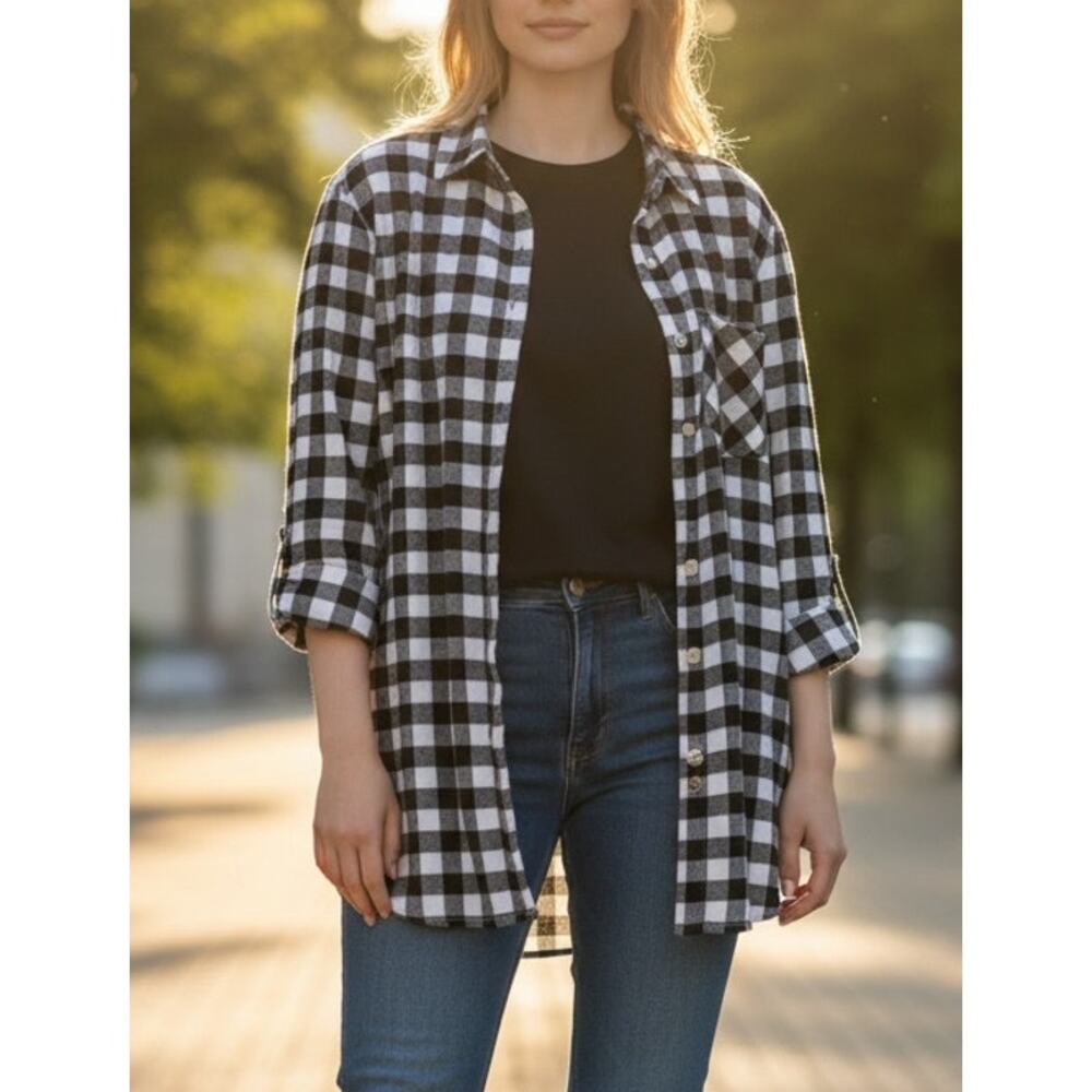 alter ego womens black/white Ginghan button down shirt roll tab sleeve casual TP